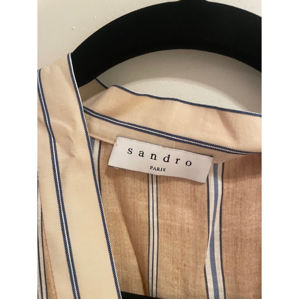 Sandro Paris Striped Tiered Midi Dress Tan Blue V-Neck TieWaist SFPRO01114 34 XS - Picture 3 of 6